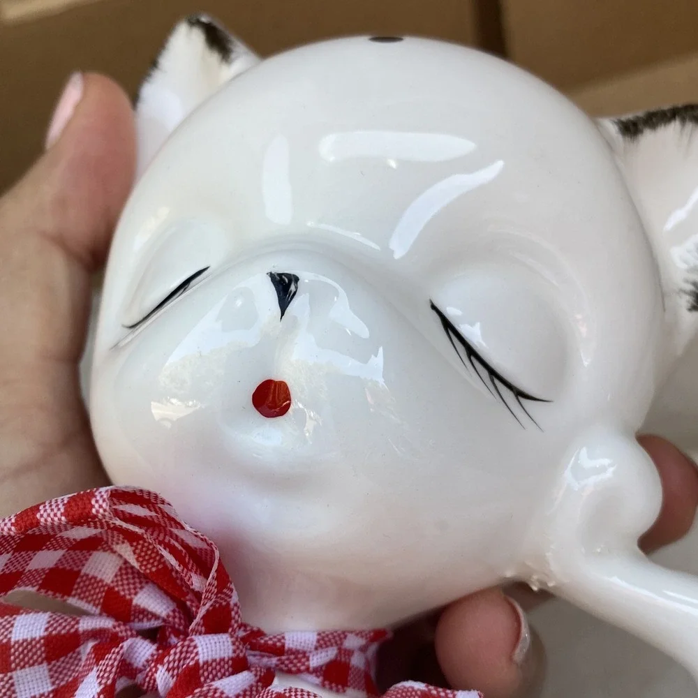 Cat Kitten Figurine Eyes Closed Polka Dotted Ceramic Porcelain Hand Painted